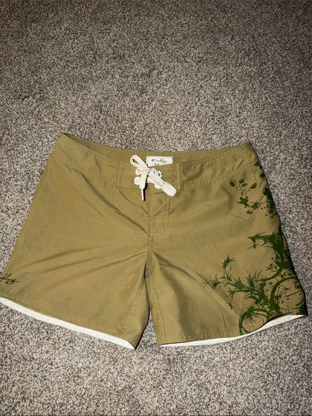 Vintage Oakley Olive Green Women's Swim Shorts with White Drawstring